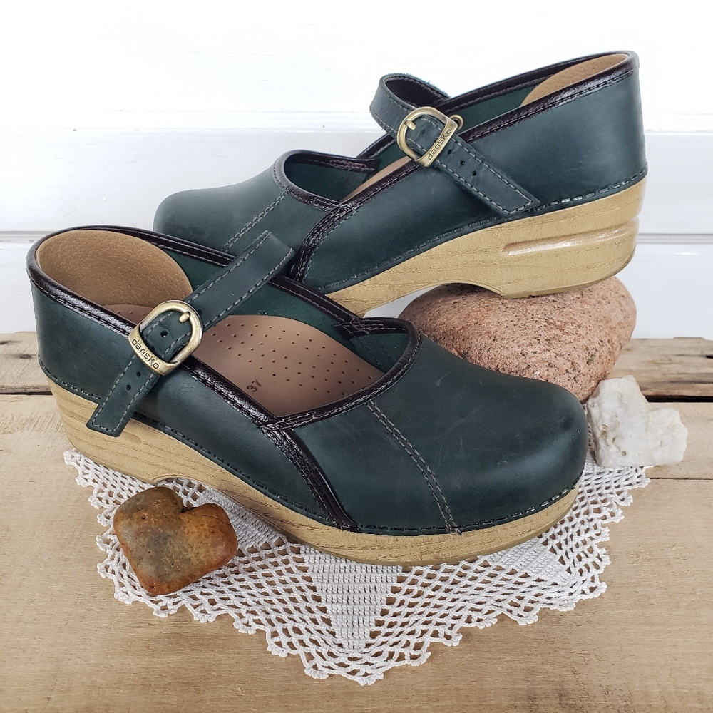 Emerald Green Dansko Pro Clog Marcelle MaryJane Straps Buckle Boho Cottage Gypsy - Picture 12 of 12